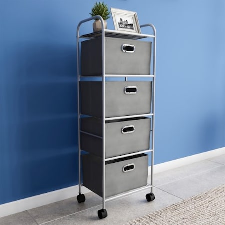 4 Drawer Rolling Storage Cart On Wheels, Portable Metal Organizer With Fabric Bins For Home, Office